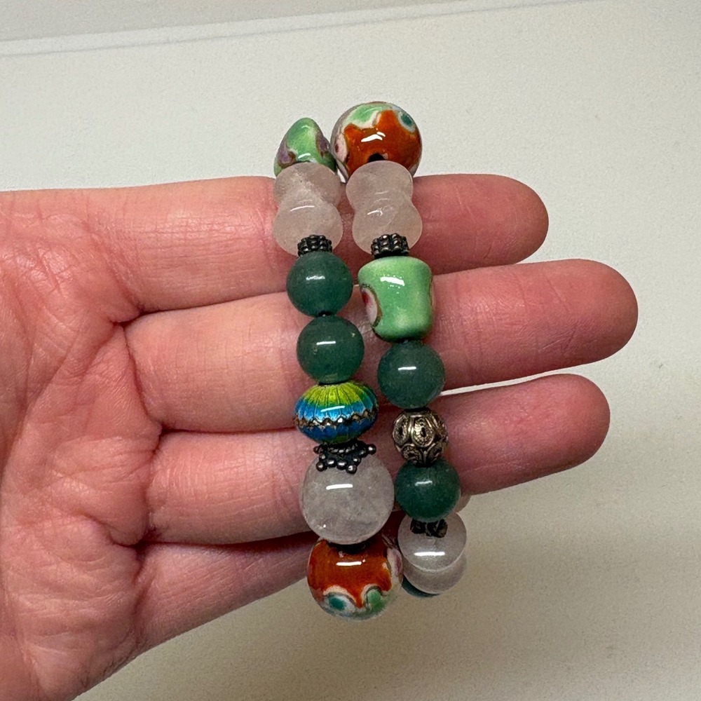 Green Aventurine Pink Quartz Cloisonne Bead Wrap Bracelet Silver Tone